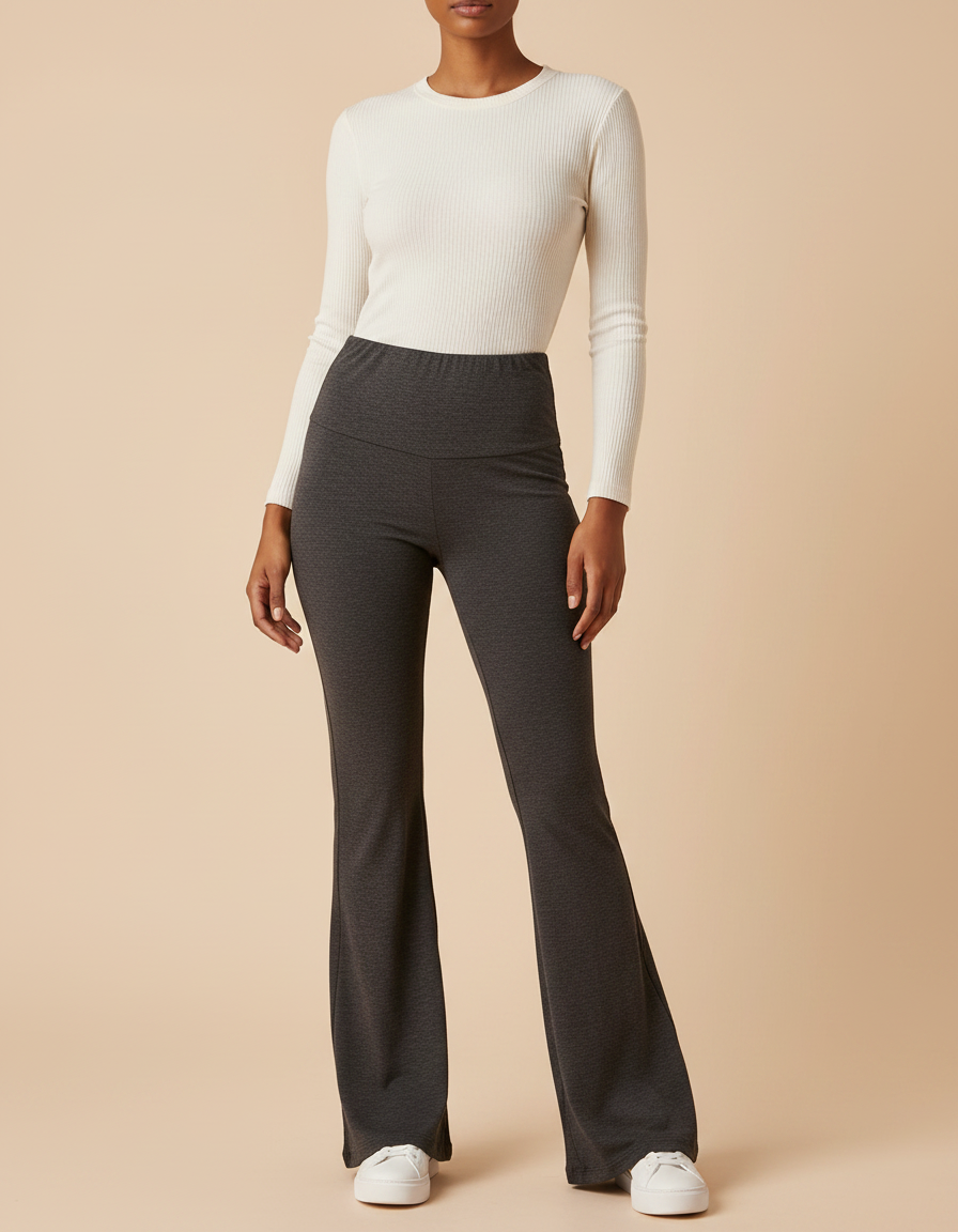 Pantalon Patte D'Éléphant Gris Taille Haute Évasé Côtelé Confortable - Maille
