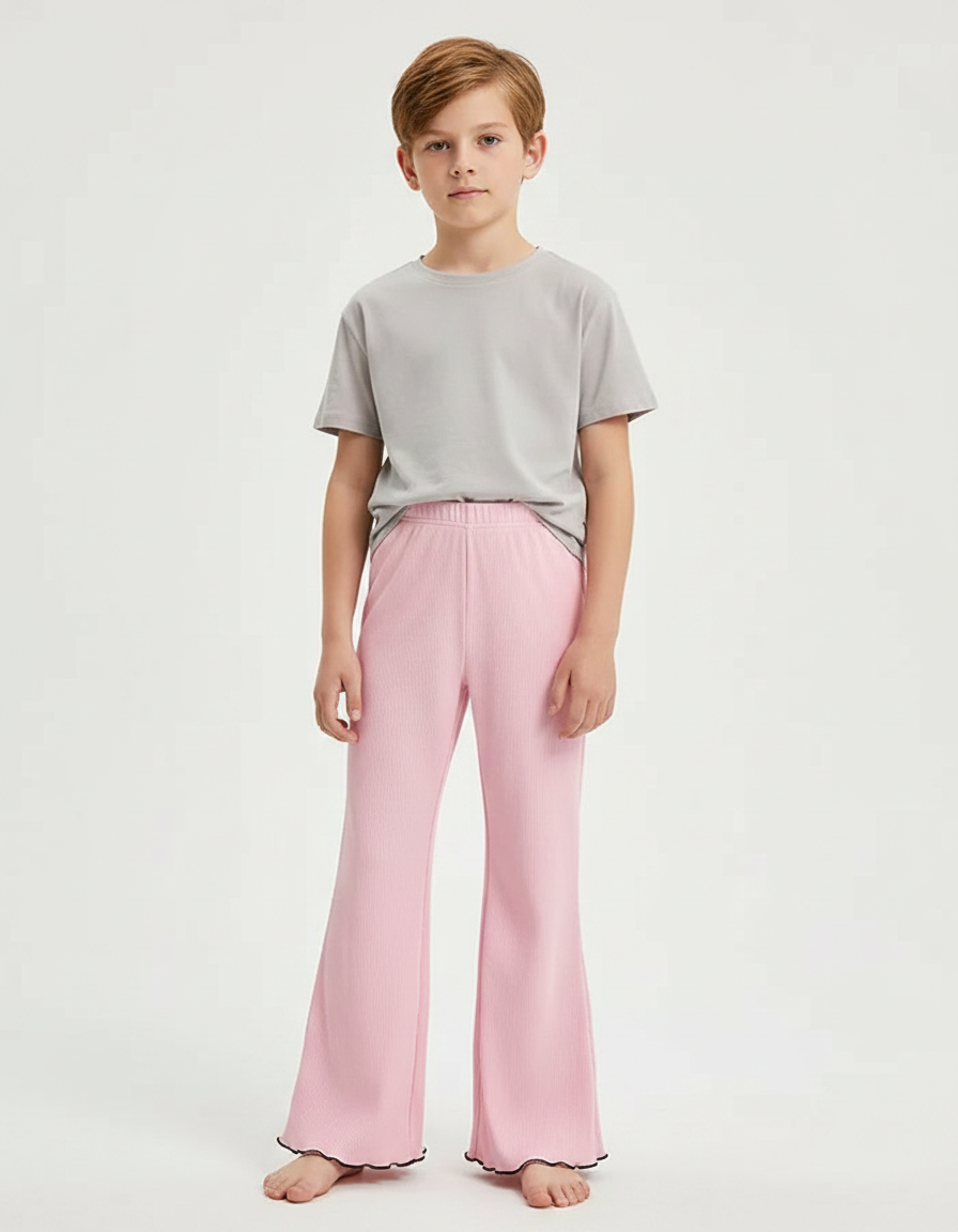 Pantalon Patte D'Éléphant Rose Côtelé Ondulé Confortable Enfant - Maille