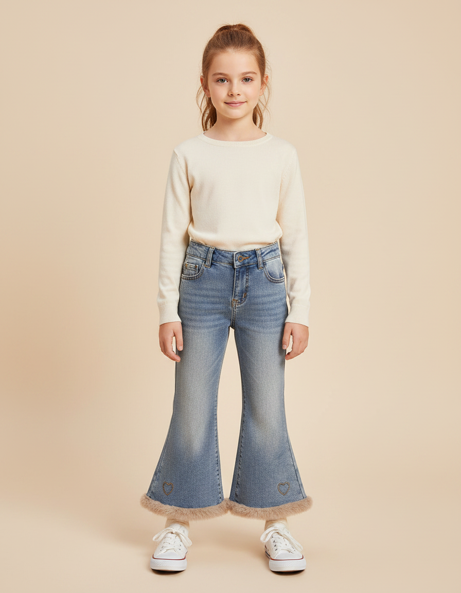 Pantalon Patte D'Éléphant Jean Évasé Cœur Fourrure Fille - Bleu