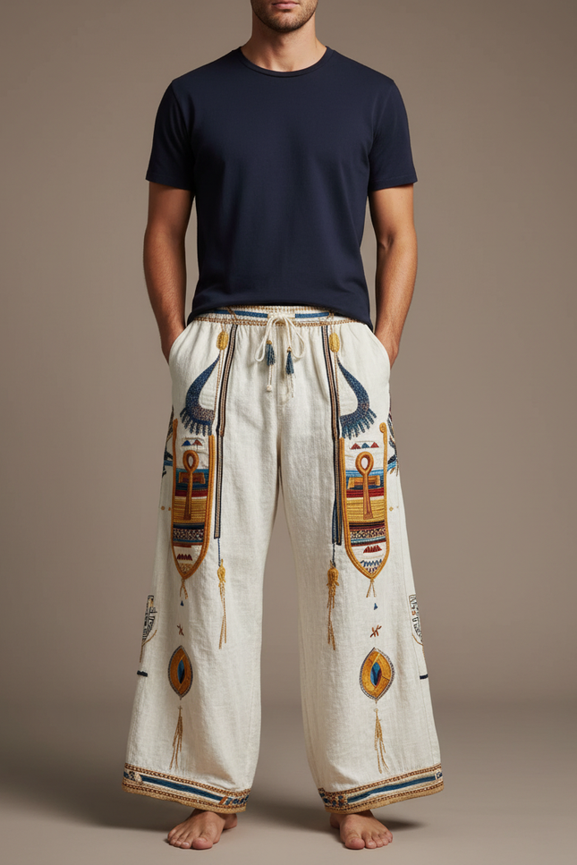 Pantalon Patte D'Éléphant Beige Lin Brodé Ethnique Ample Homme