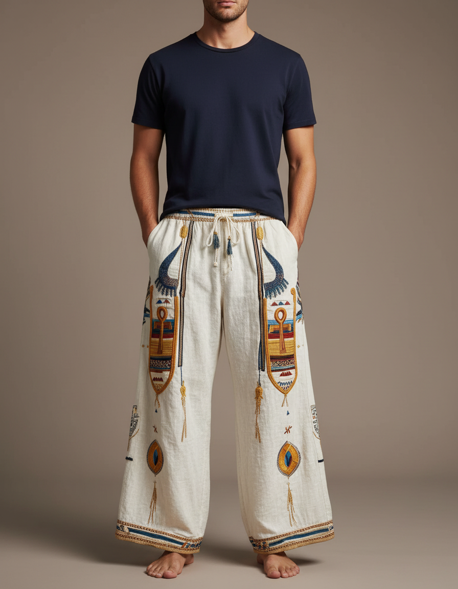 Pantalon Patte D'Éléphant Beige Lin Brodé Ethnique Ample Homme
