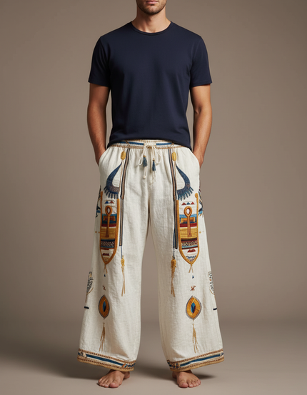 Pantalon Patte D'Éléphant Beige Lin Brodé Ethnique Ample Homme