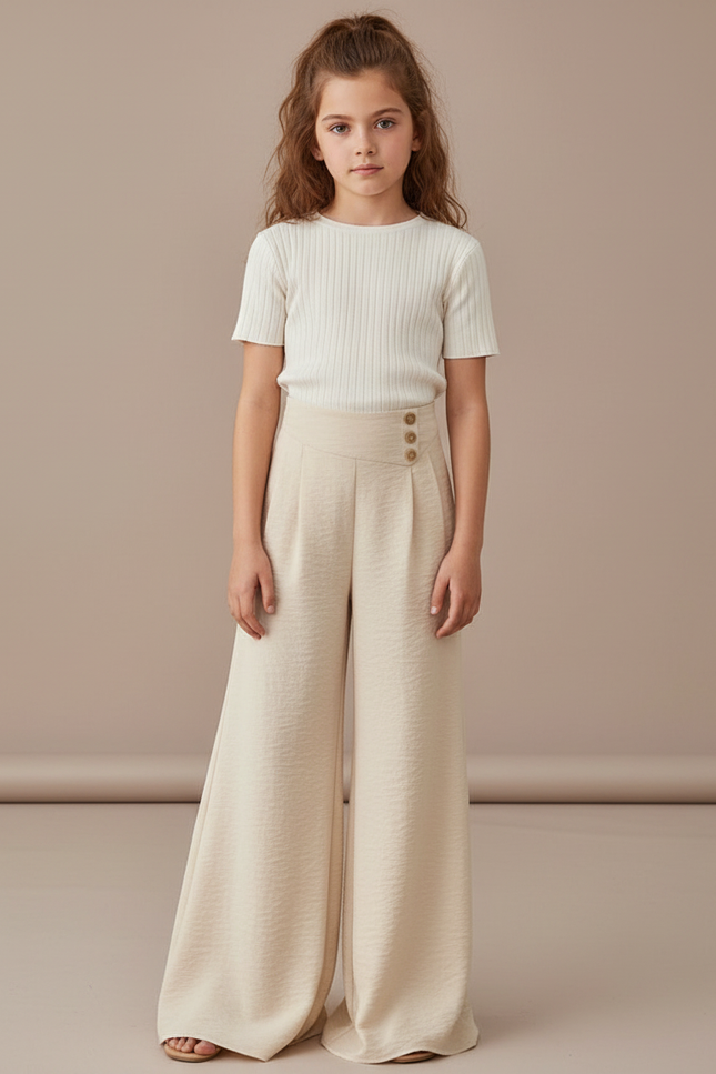 Pantalon Patte D'Éléphant Beige Plissé Boutons Latéraux Ample Enfant - Viscose