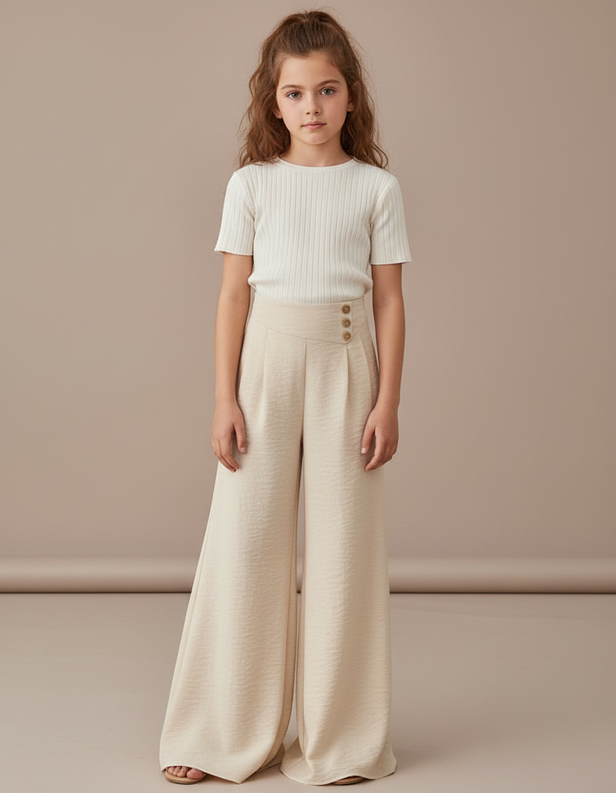 Pantalon Patte D'Éléphant Beige Plissé Boutons Latéraux Ample Enfant - Viscose