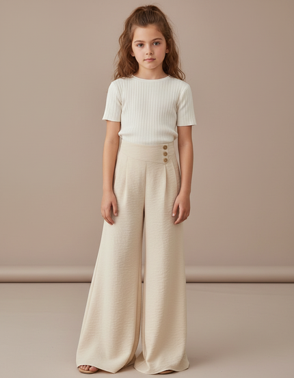 Pantalon Patte D'Éléphant Beige Plissé Boutons Latéraux Ample Enfant - Viscose