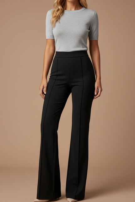 Pantalon Patte D'Éléphant Noir Élégant Taille Haute Ajusté - Gabardine