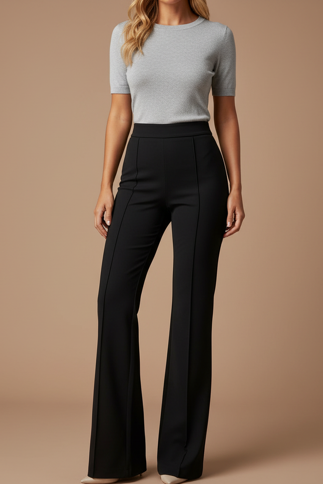 Pantalon Patte D'Éléphant Noir Élégant Taille Haute Ajusté - Gabardine