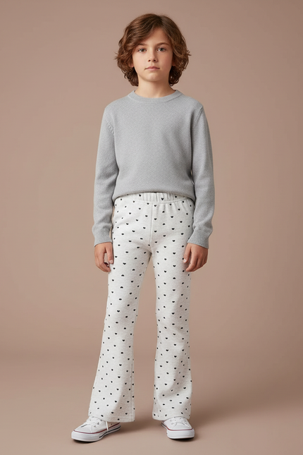 Pantalon Patte D'Éléphant Crème Cœur Noir Fille Confortable - Imprimé Molleton