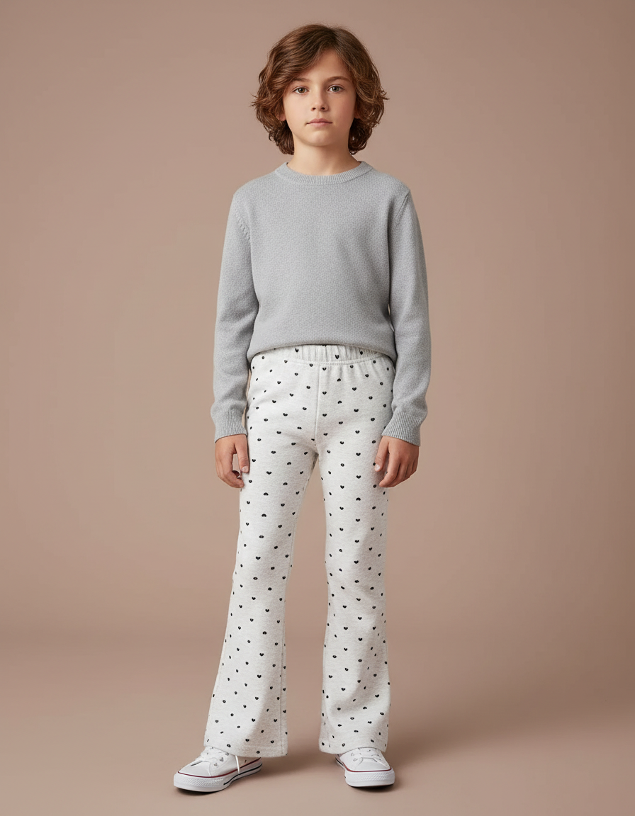 Pantalon Patte D'Éléphant Crème Cœur Noir Fille Confortable - Imprimé Molleton