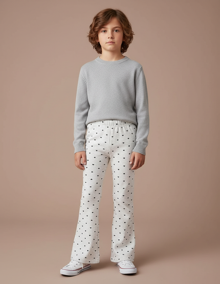 Pantalon Patte D'Éléphant Crème Cœur Noir Fille Confortable - Imprimé Molleton