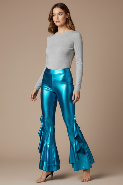 Pantalon Patte D'Éléphant Bleu Métallique Volants Évasé Brillant - Polyester