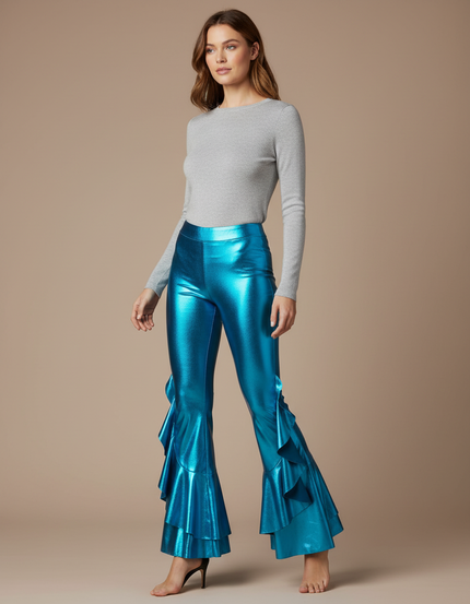 Pantalon Patte D'Éléphant Bleu Métallique Volants Évasé Brillant - Polyester