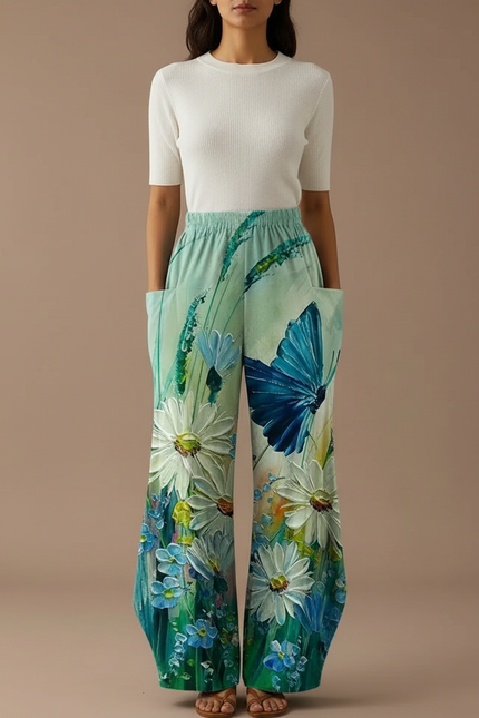 Pantalon Patte D'Éléphant Fluide Imprimé Floral Papillon Vert - Polyester
