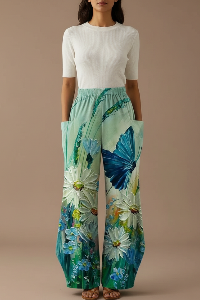 Pantalon Patte D'Éléphant Fluide Imprimé Floral Papillon Vert - Polyester