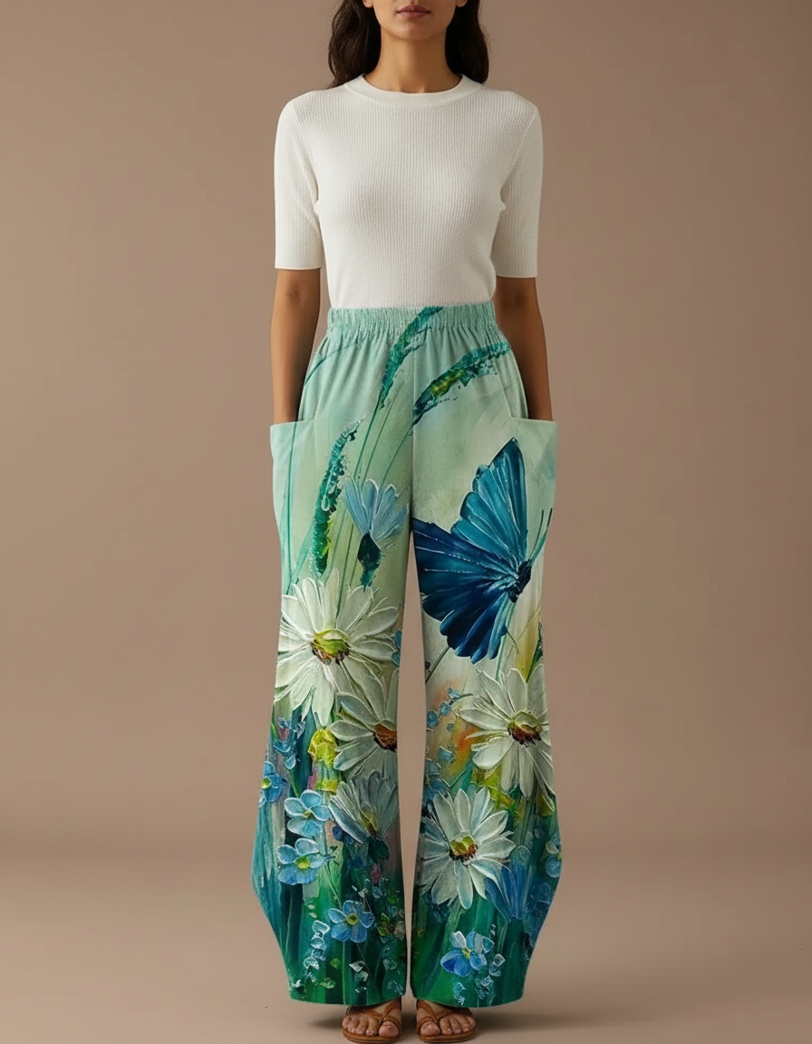 Pantalon Patte D'Éléphant Fluide Imprimé Floral Papillon Vert - Polyester