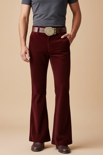 Pantalon Patte D'Éléphant Velours Côtelé Bordeaux Vintage Homme - Cordé