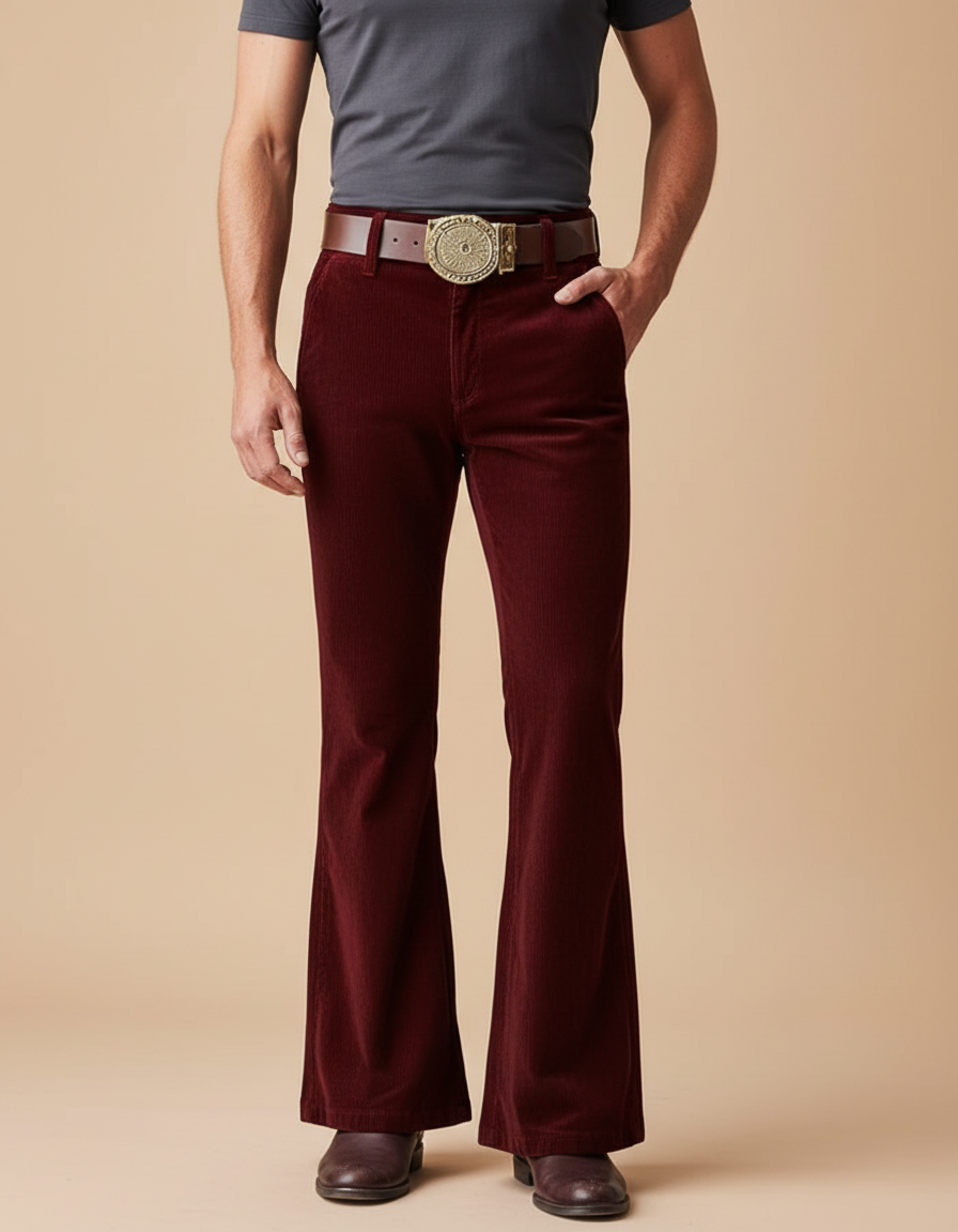 Pantalon Patte D'Éléphant Velours Côtelé Bordeaux Vintage Homme - Cordé