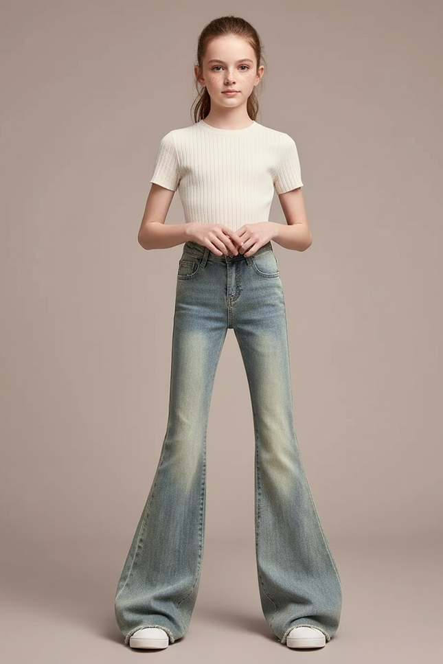 Pantalon Patte D'Éléphant Évasé Bleu Délavé Taille Haute - Jean