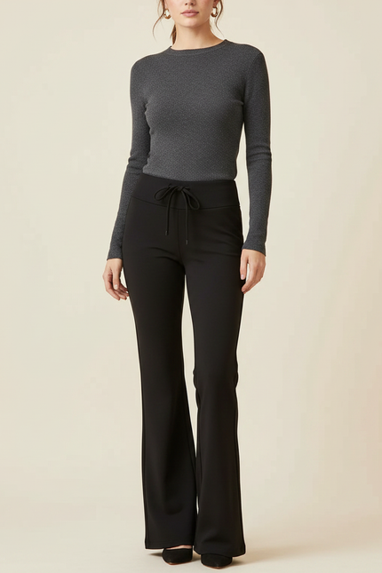 Pantalon Patte D'Éléphant Noir Uni Confortable Taille Haute - Polyester
