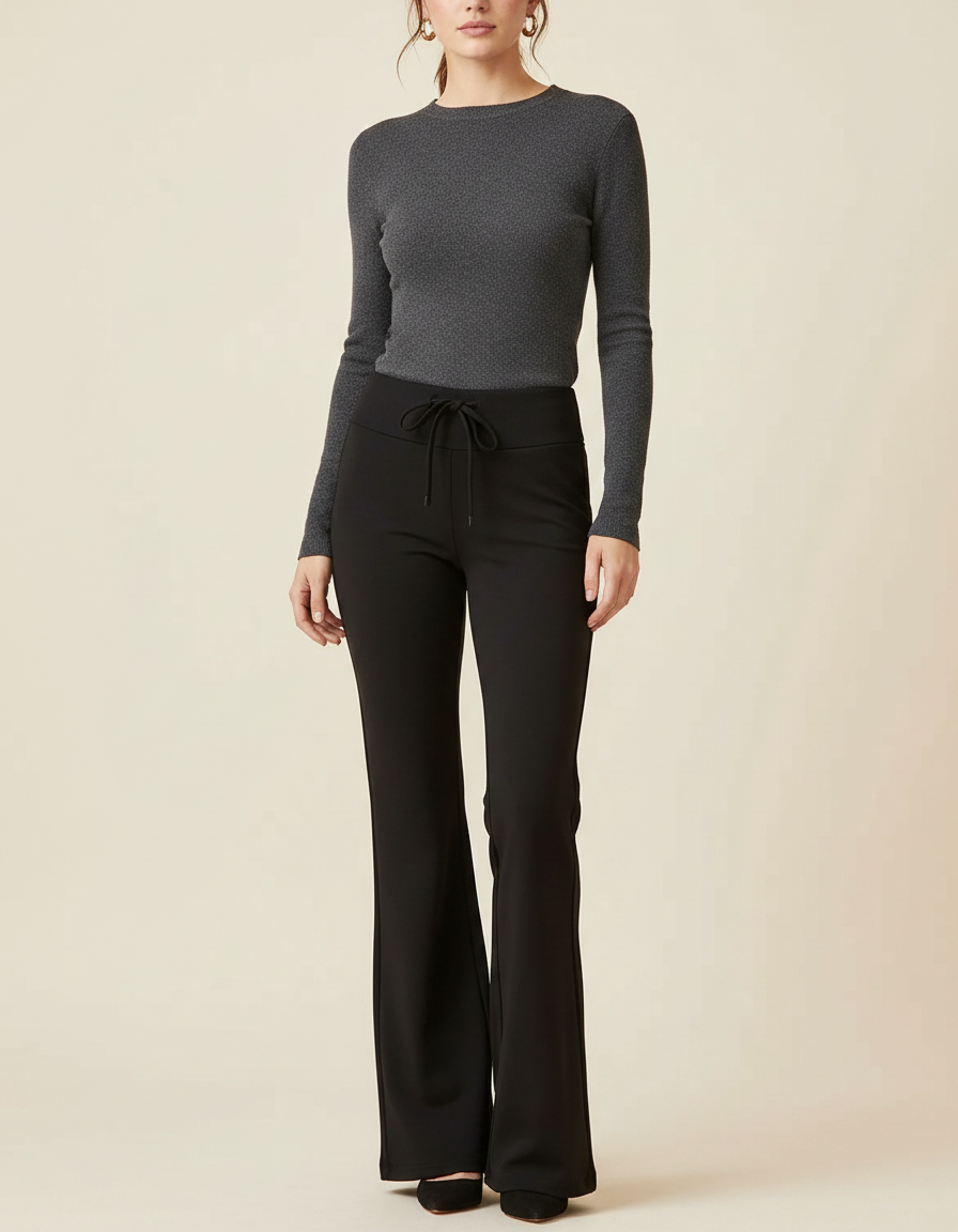 Pantalon Patte D'Éléphant Noir Uni Confortable Taille Haute - Polyester
