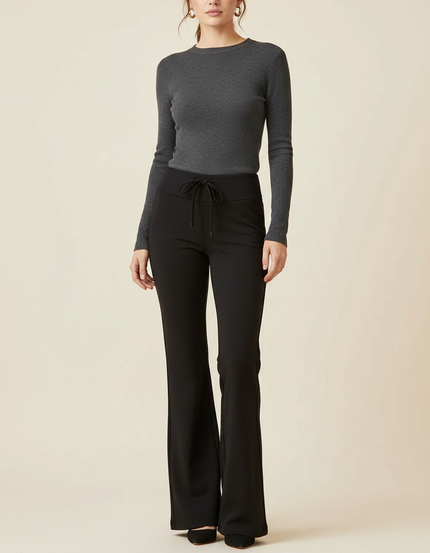 Pantalon Patte D'Éléphant Noir Uni Confortable Taille Haute - Polyester