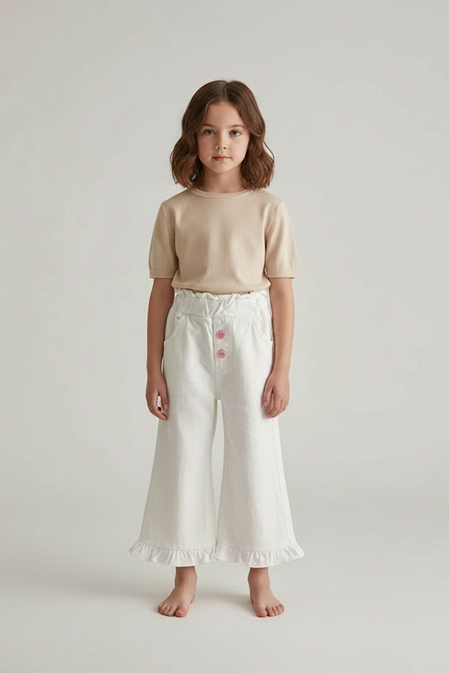 Pantalon Patte D'Éléphant Blanc Volants Ample Boutons Roses - Jean