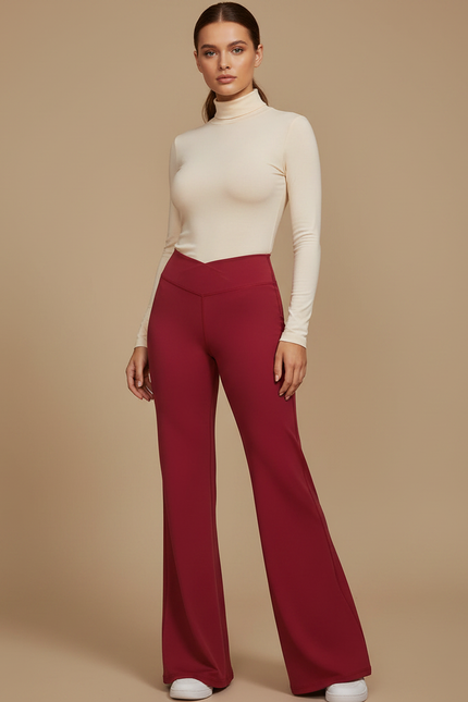 Pantalon Patte D'Éléphant Rouge Taille Haute Évasé Fluide - Bordeaux Polyester
