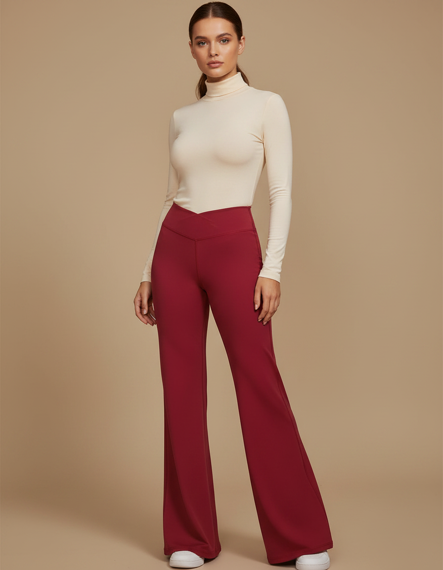 Pantalon Patte D'Éléphant Rouge Taille Haute Évasé Fluide - Bordeaux Polyester