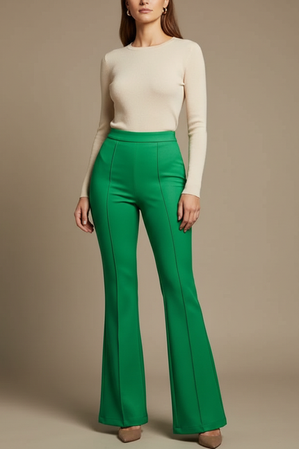 Pantalon Patte D'Éléphant Vert Émeraude Taille Haute Élégant - Polyester