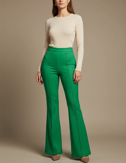 Pantalon Patte D'Éléphant Vert Émeraude Taille Haute Élégant - Polyester