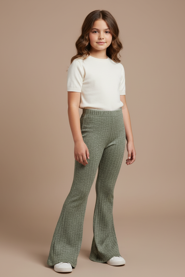 Pantalon Patte D'Éléphant Vert Côtelé Taille Haute Évasé - Cordé