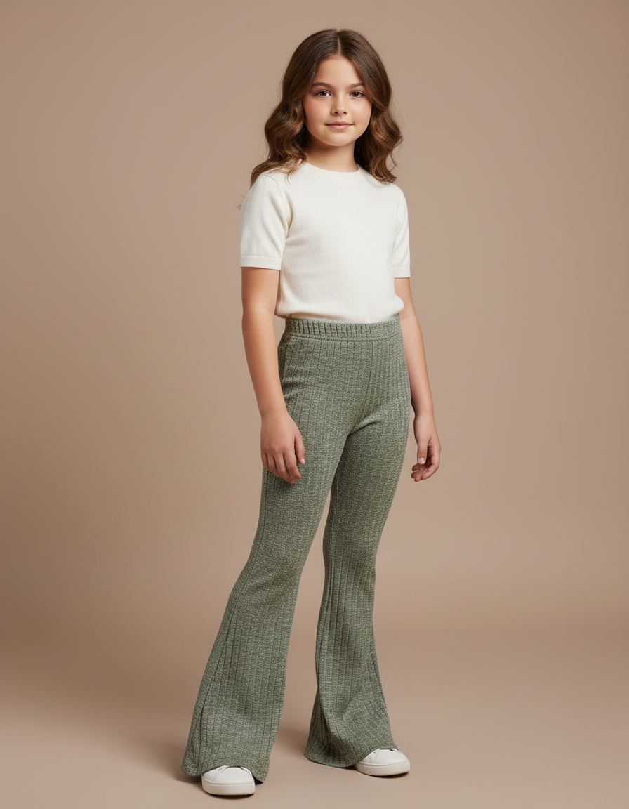 Pantalon Patte D'Éléphant Vert Côtelé Taille Haute Évasé - Cordé