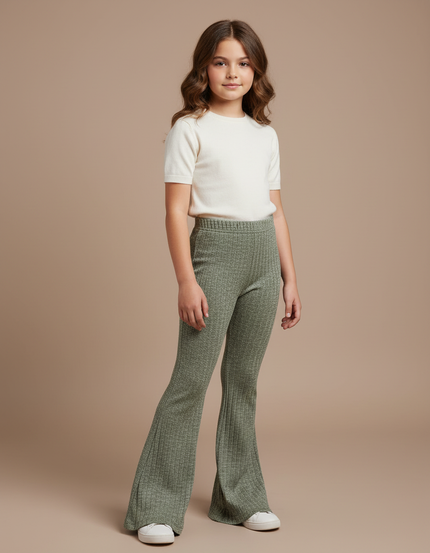 Pantalon Patte D'Éléphant Vert Côtelé Taille Haute Évasé - Cordé