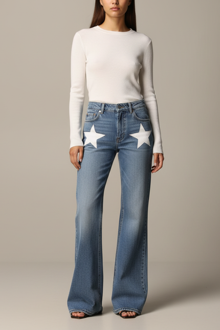 Pantalon Patte D'Éléphant Jean Bleu Étoiles Évasé Femme