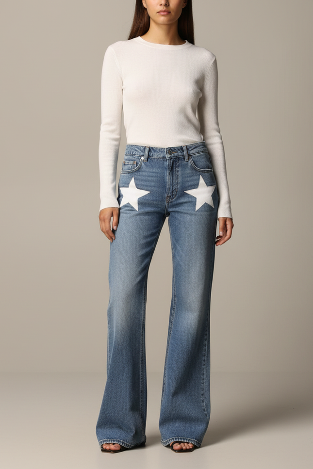 Pantalon Patte D'Éléphant Jean Bleu Étoiles Évasé Femme