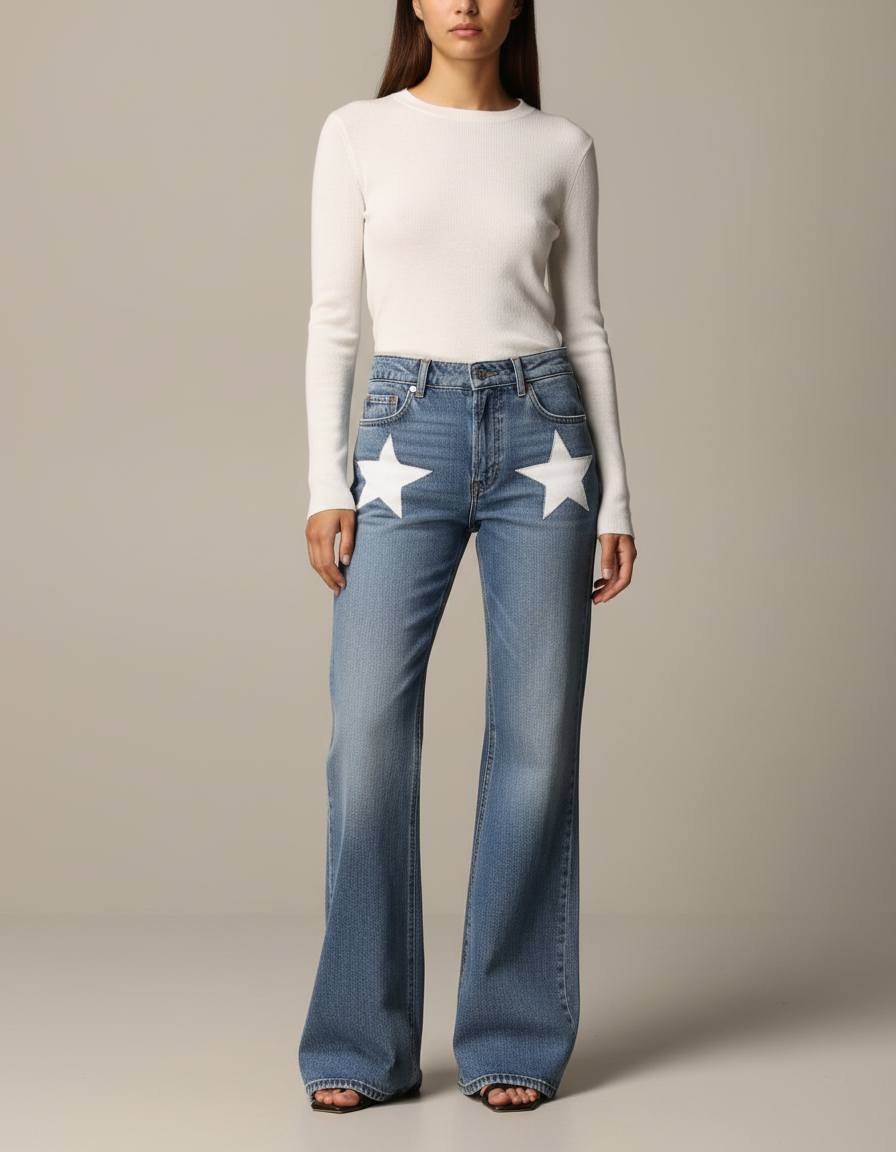 Pantalon Patte D'Éléphant Jean Bleu Étoiles Évasé Femme
