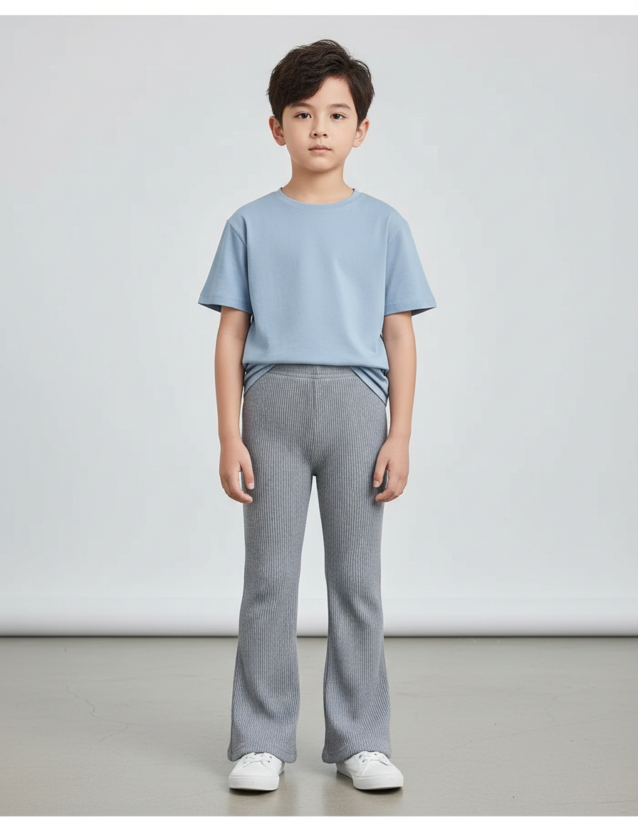 Pantalon Patte D'Éléphant Côtelé Gris Confortable Enfant - Maille