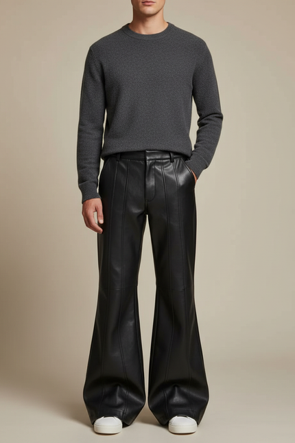 Pantalon Simili Cuir Patte D'éléphant - Noir