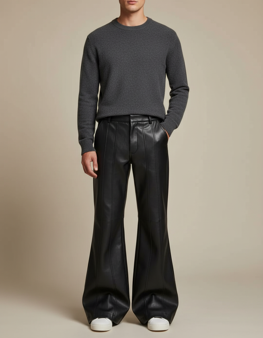 Pantalon Simili Cuir Patte D'éléphant - Noir