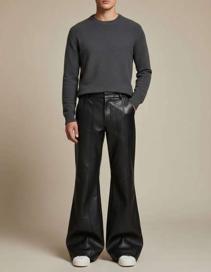 Pantalon Simili Cuir Patte D'éléphant - Noir