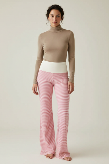 Pantalon Patte D'Éléphant Rose Rayé Évasé Confortable - Maille