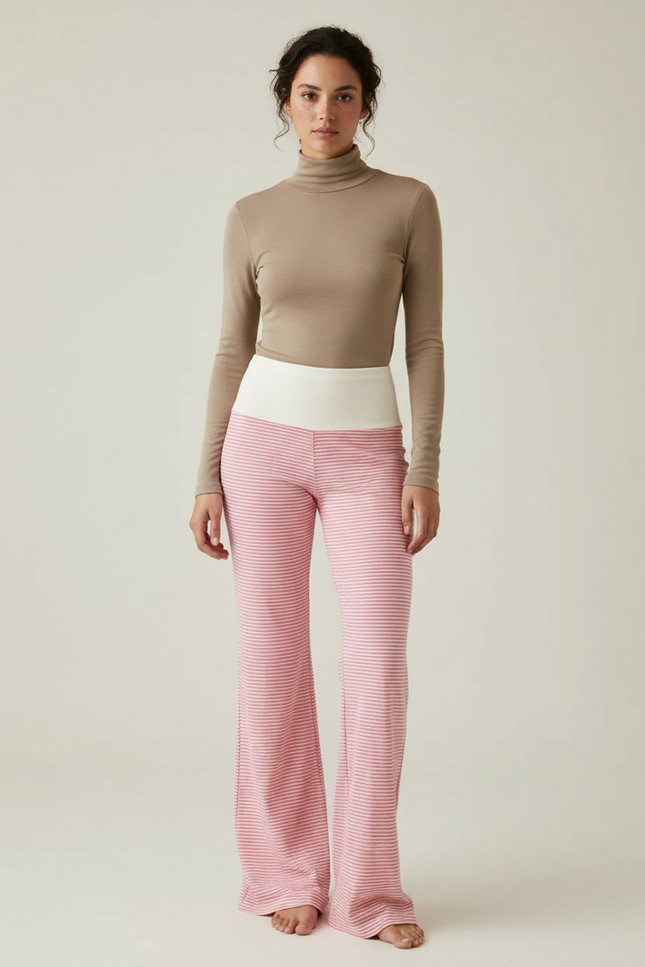 Pantalon Patte D'Éléphant Rose Rayé Évasé Confortable - Maille