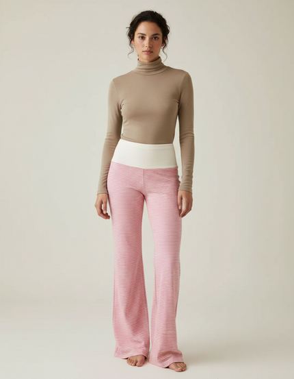 Pantalon Patte D'Éléphant Rose Rayé Évasé Confortable - Maille