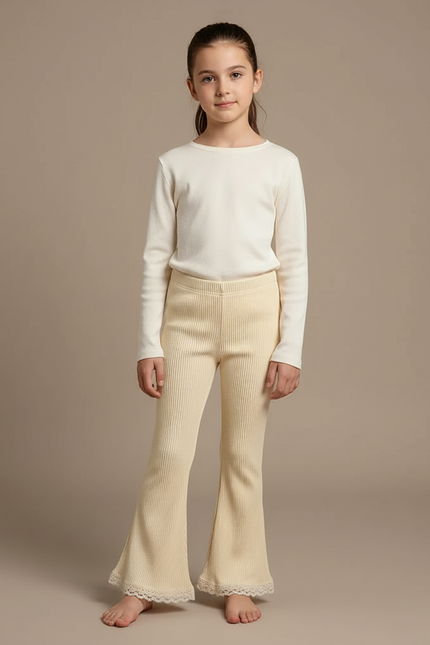 Pantalon Patte D'Éléphant Écru Côtelé Évasé Dentelle Fille - Beige Maille