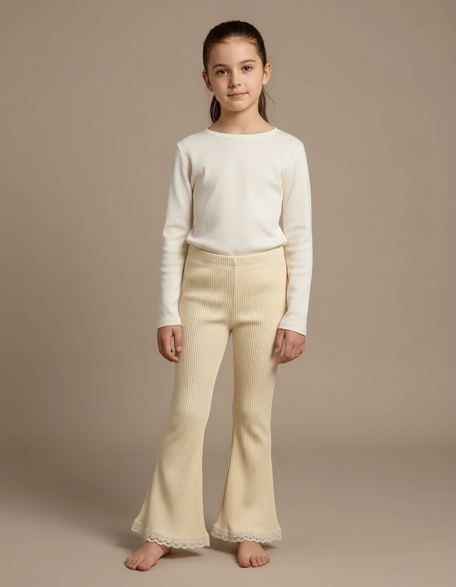 Pantalon Patte D'Éléphant Écru Côtelé Évasé Dentelle Fille - Beige Maille