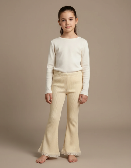 Pantalon Patte D'Éléphant Écru Côtelé Évasé Dentelle Fille - Beige Maille