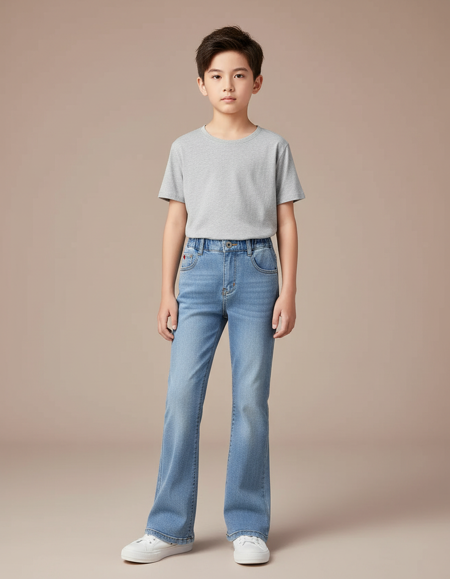 Pantalon Patte D'Éléphant Denim Clair Taille Haute Enfant - Bleu Jean