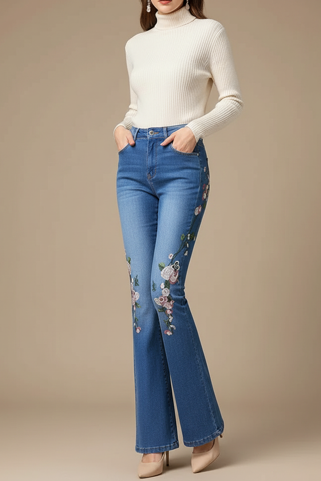 Pantalon Patte D'Éléphant Bleu Brodé Fleurs Taille Haute - Jean