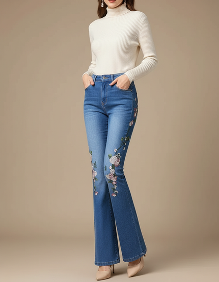 Pantalon Patte D'Éléphant Bleu Brodé Fleurs Taille Haute - Jean