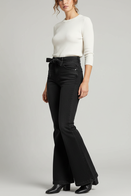 Pantalon Patte D'Éléphant Noir Évasé Taille Haute Ceinturé - Jean